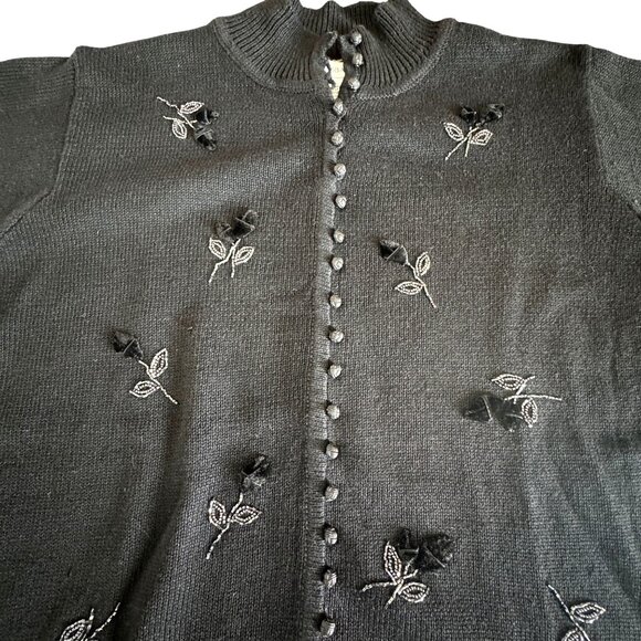 Vintage Victoria Jones Black Beaded Mock Neck Buttoned Sweater Cardigan, Size M - Picture 3 of 6